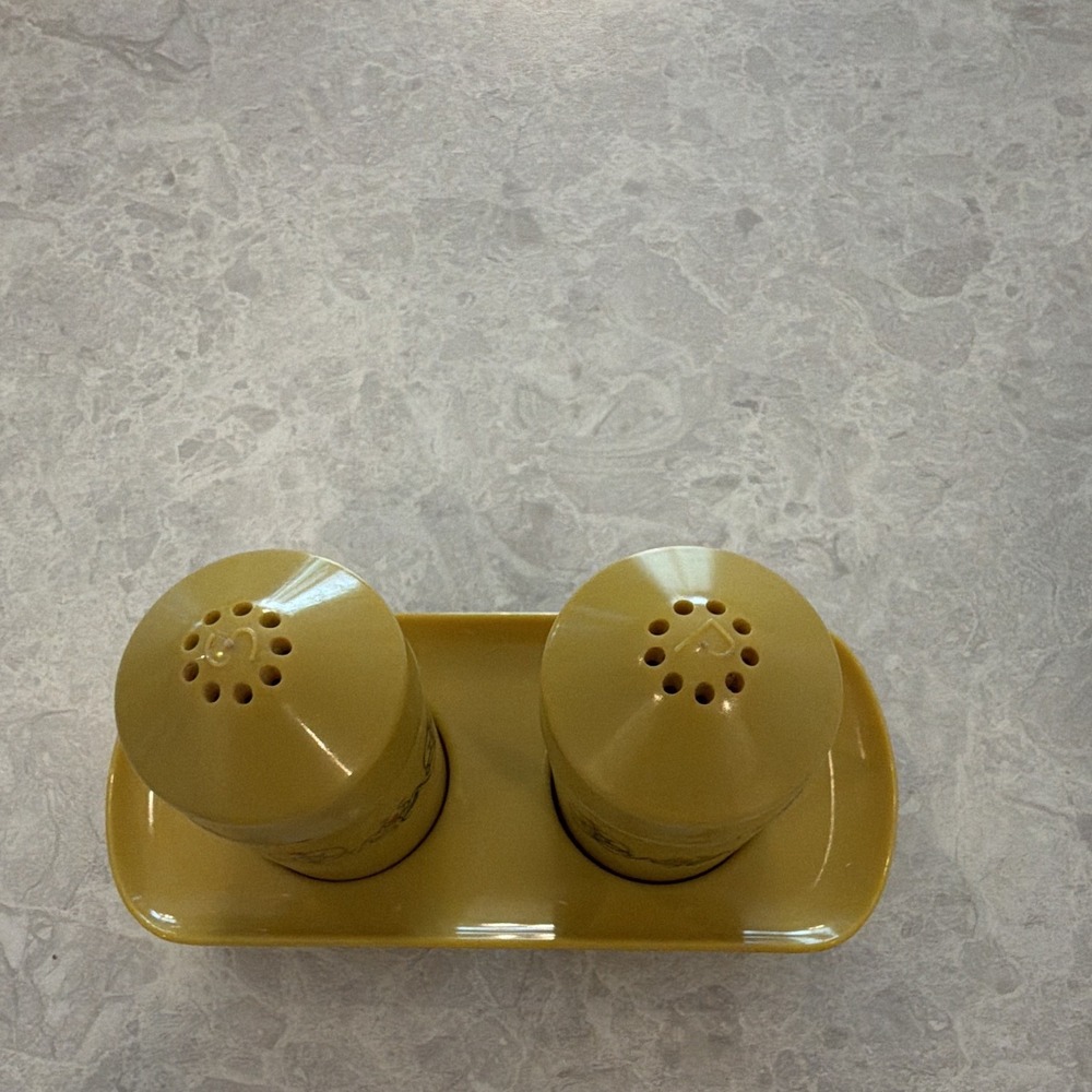 Vintage Fesco Yellow Salt and Pepper Shakers Set with Tray Holder Floral 3pc - Picture 5 of 7